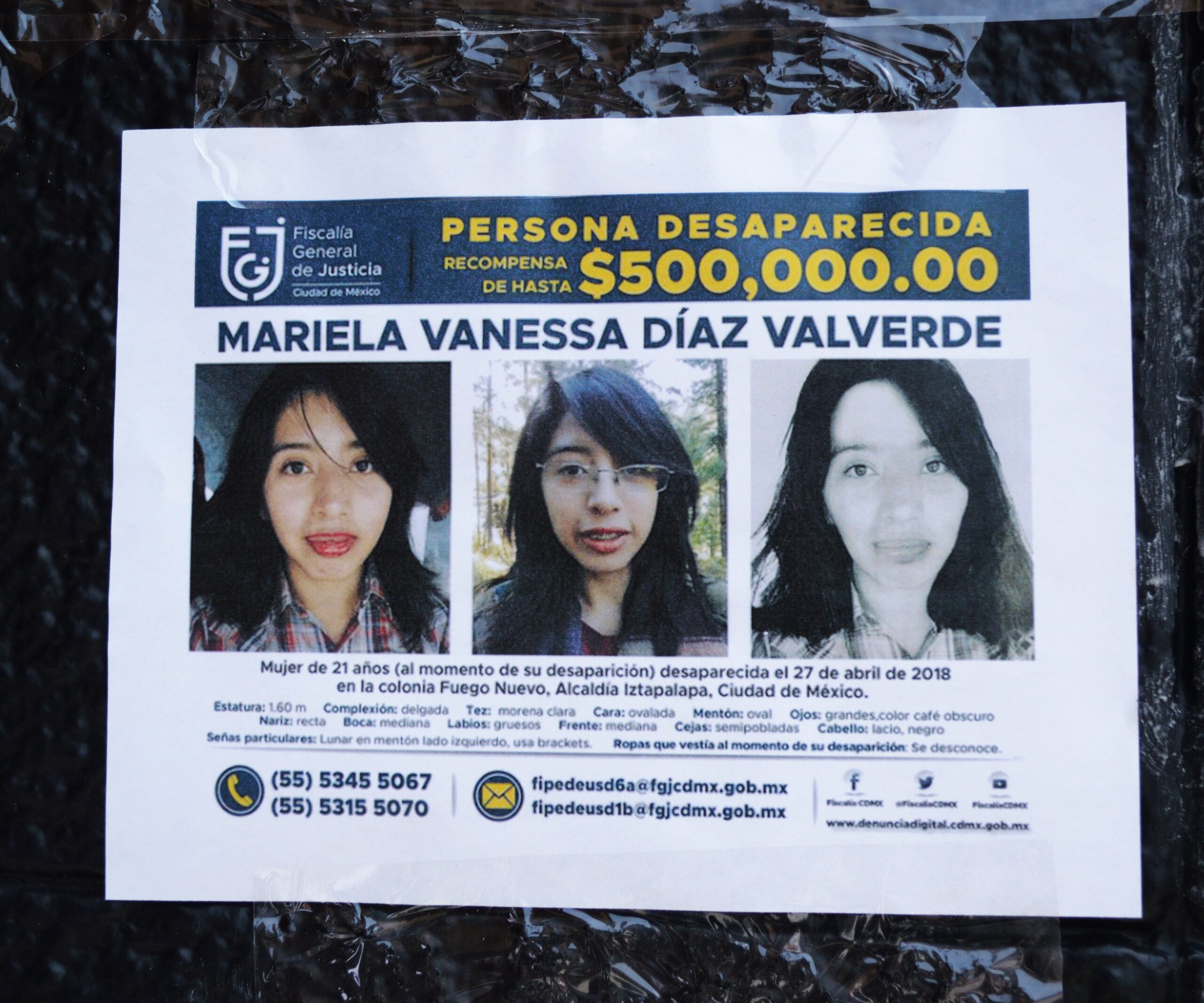 Ficha de búsqueda de Mariela Vanessa pegada en el edificio de Rectoría junto con las de otras personas. La pega fue realizada por familias y acompañantes de colectivos como Hasta Encontrarles CDMX, Las Siemprevivas y Nuestro Fuego, entre otras personas. Fotografía: Diana H. Gómez
