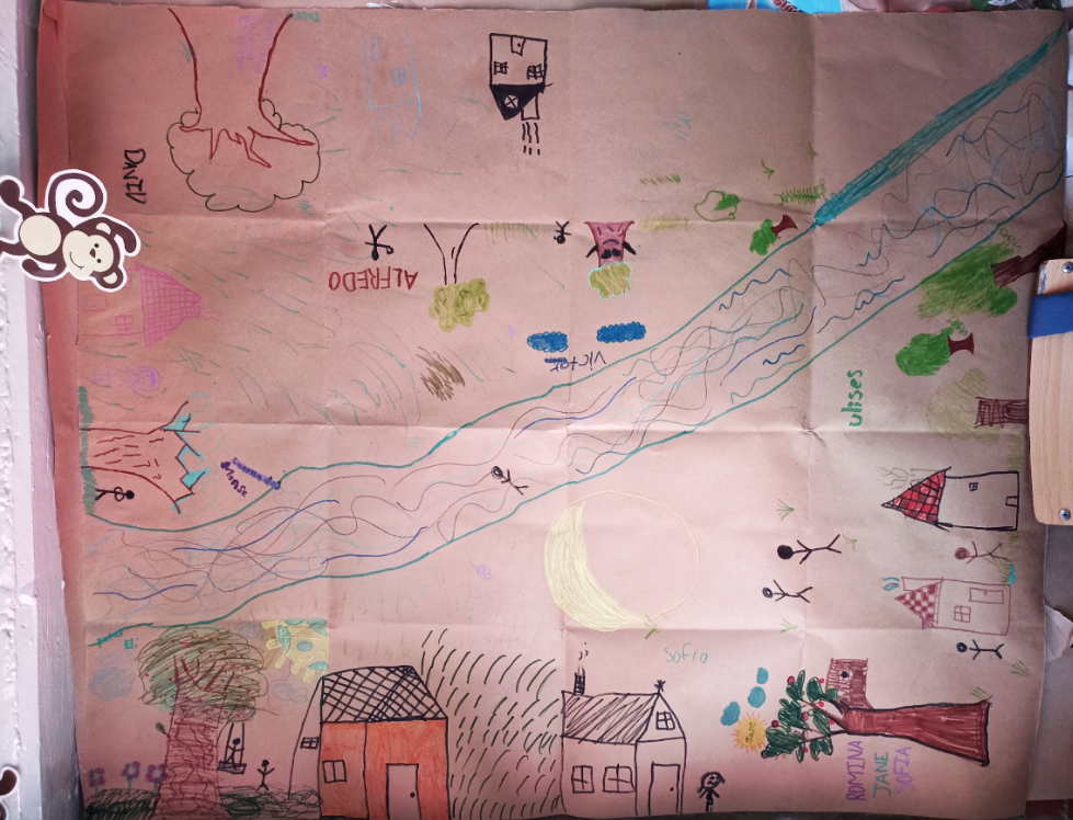 Mapa del territorio de San Nicolás Totolapan elaborado por los alumnos de la progresión de aprendizaje "Caminito del agua". Fotografía: Lorena Luna Márquez